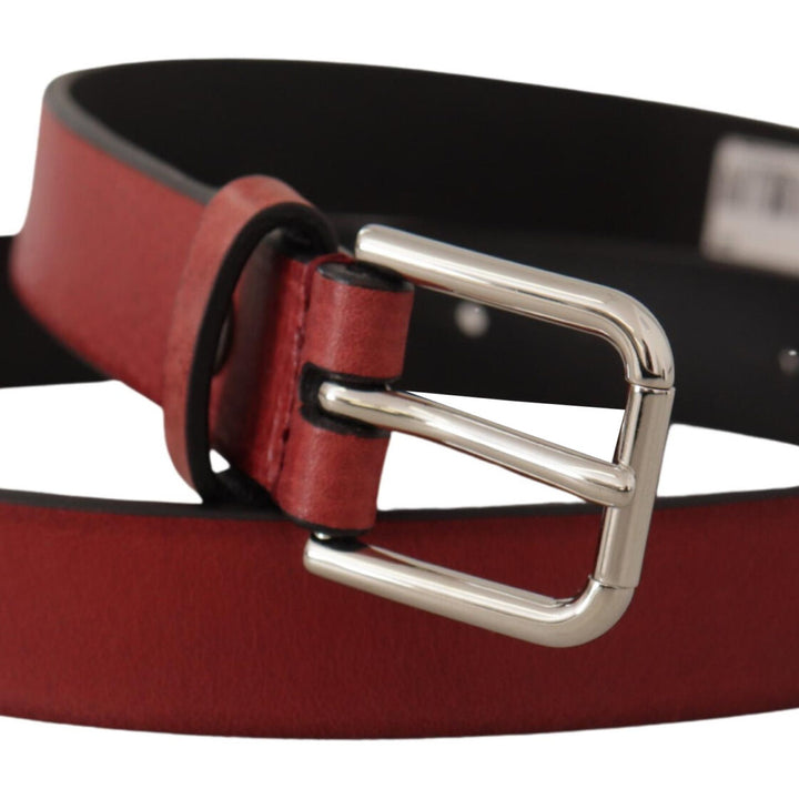 Dolce & Gabbana Maroon Vitello Leather Silver Metal Belt