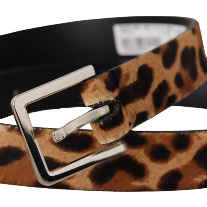 Dolce & Gabbana Brown Calf Fur Leopard Print Skinny Logo Buckle Belt