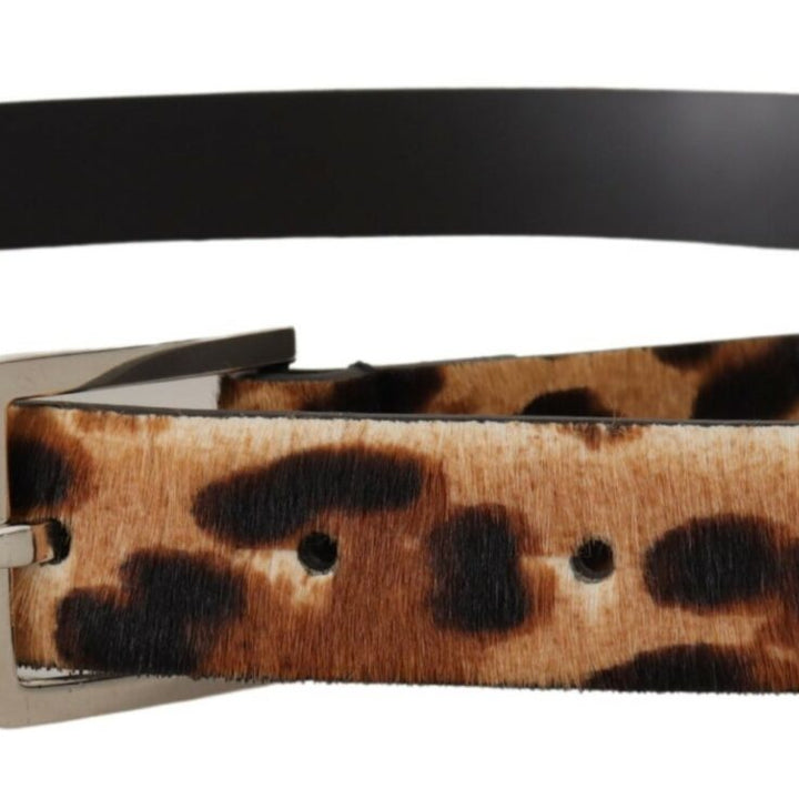 Dolce & Gabbana Brown Calf Fur Leopard Print Skinny Logo Buckle Belt