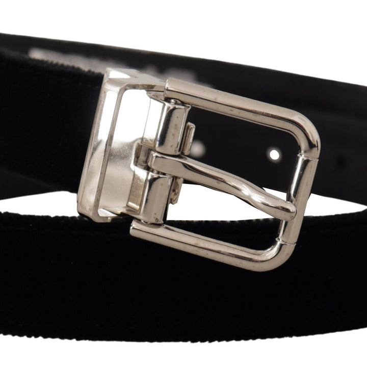 Dolce & Gabbana Black Velvet Silver Tone Metal Logo Buckle Belt