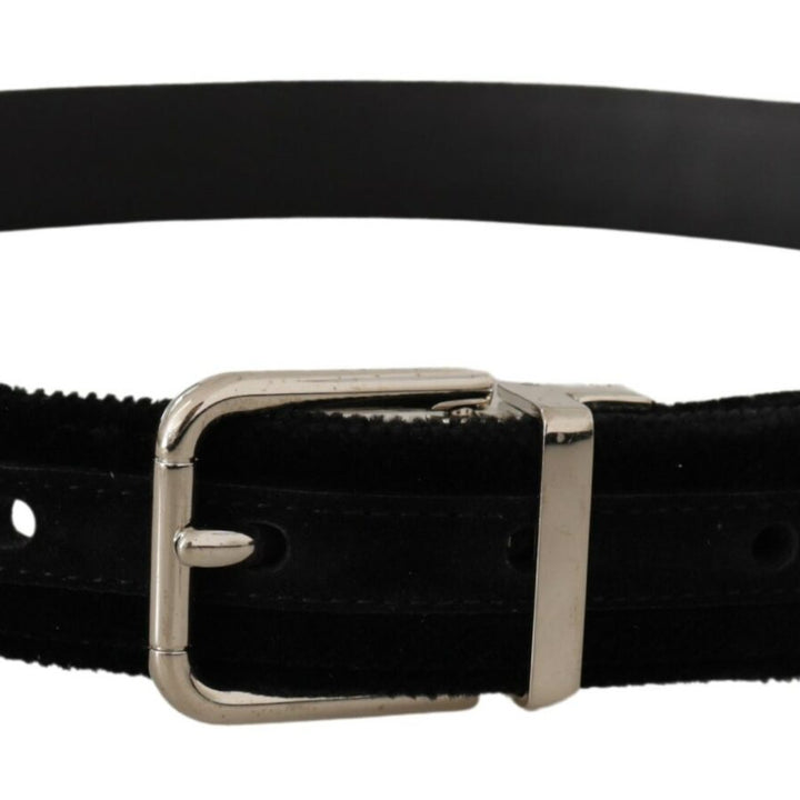 Dolce & Gabbana Black Velvet Silver Tone Metal Logo Buckle Belt