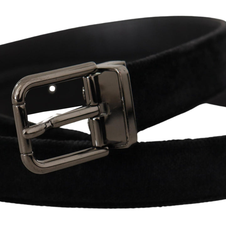 Dolce & Gabbana Black Velvet Silver Tone Logo Metal Buckle Belt