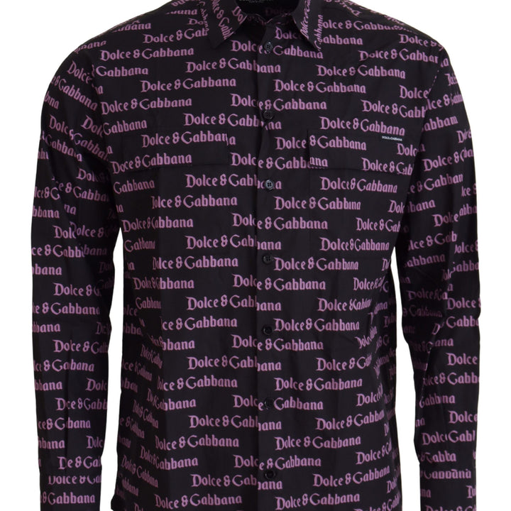 Dolce & Gabbana Black Purple Logo Slim Dress Formal Shirt