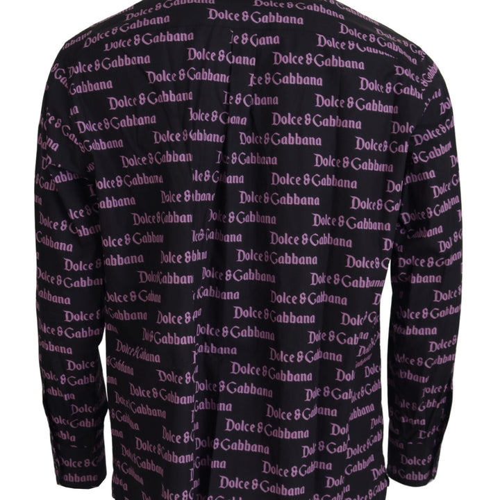 Dolce & Gabbana Black Purple Logo Slim Dress Formal Shirt