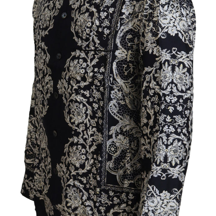 Dolce & Gabbana Blue Silk Floral Baroque Satin Casual Shirt