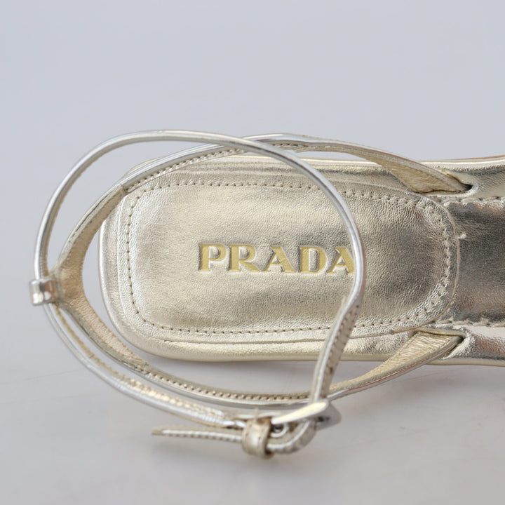 Prada Metallic Silver Leather Sandals Ankle Strap Flats Shoes