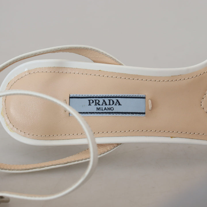 Prada Silver White Leather Sandals Ankle Strap Heels Shoes