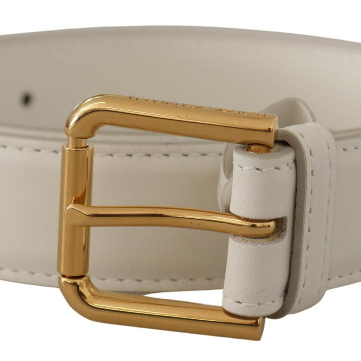 Dolce & Gabbana White Calf Leather Gold Tone Logo Metal Buckle Belt