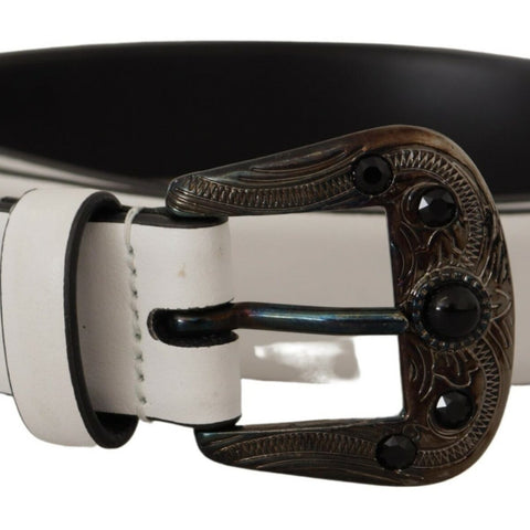 Dolce & Gabbana White Leather Crystal Metal Buckle Belt