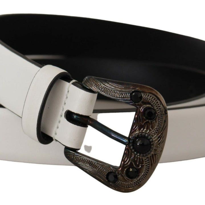 Dolce & Gabbana White Leather Crystal Metal Buckle Belt