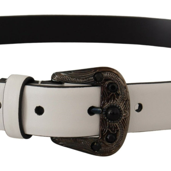 Dolce & Gabbana White Leather Crystal Metal Buckle Belt