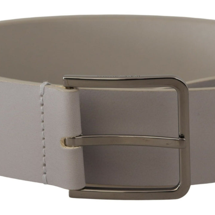 Dolce & Gabbana White Leather Wide Silver Metal Buckle Belt