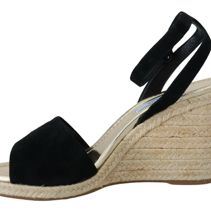 Prada Black Wedges Sandals Ankle Strap Suede Leather Shoes