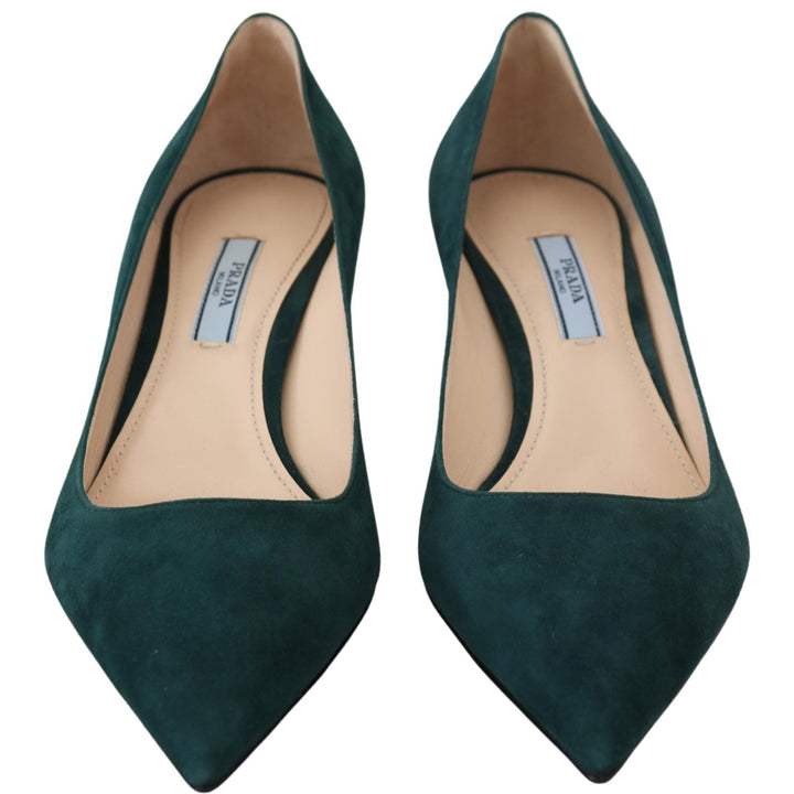 Prada Green Suede Leather Cone Heels Pumps Shoes