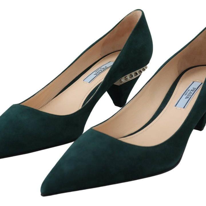 Prada Green Suede Leather Cone Heels Pumps Shoes