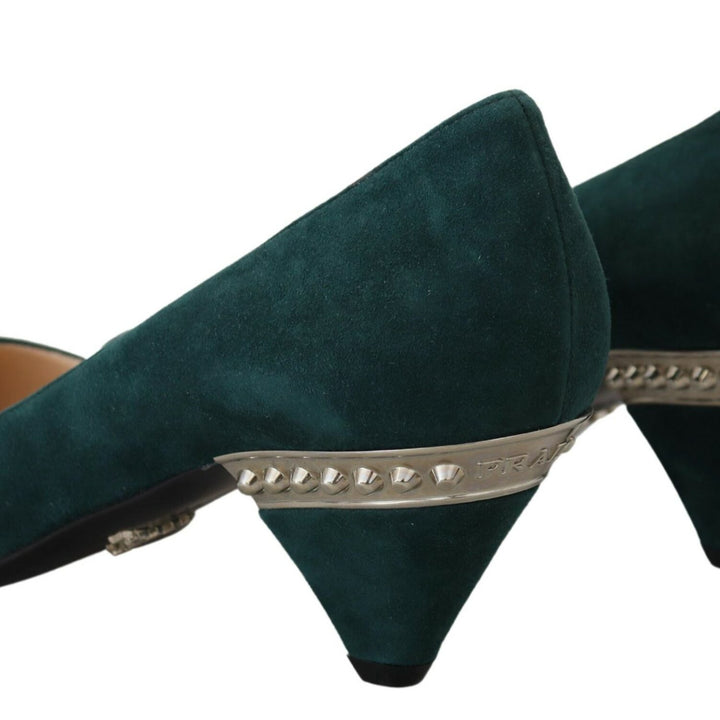 Prada Green Suede Leather Cone Heels Pumps Shoes