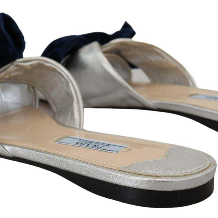 Prada Metallic Silver Leather Sandals Slip On Flats Shoes