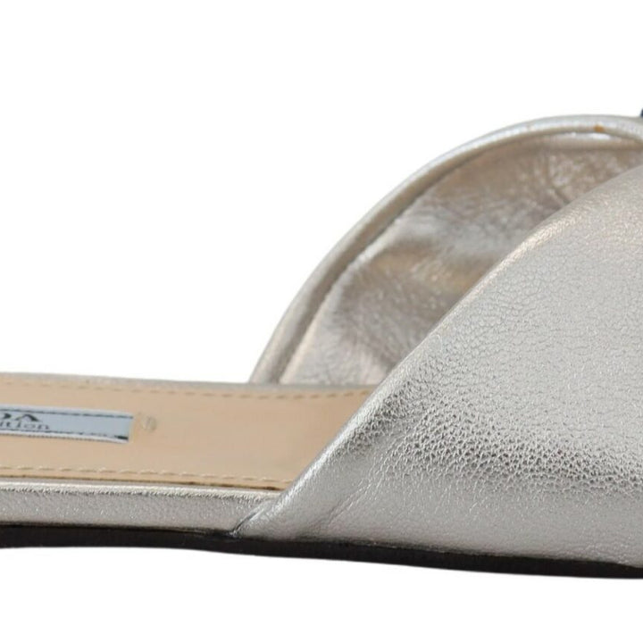 Prada Metallic Silver Leather Sandals Slip On Flats Shoes