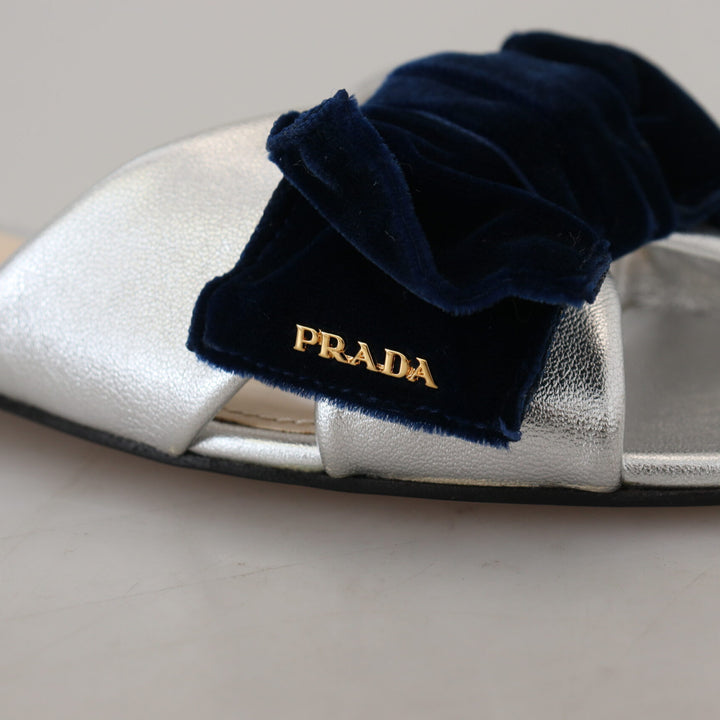 Prada Metallic Silver Leather Sandals Slip On Flats Shoes