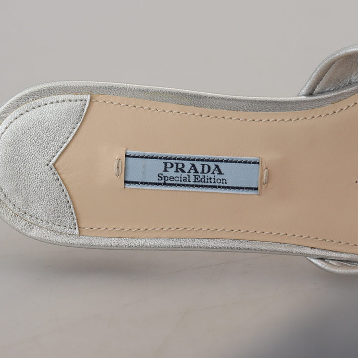 Prada Metallic Silver Leather Sandals Slip On Flats Shoes