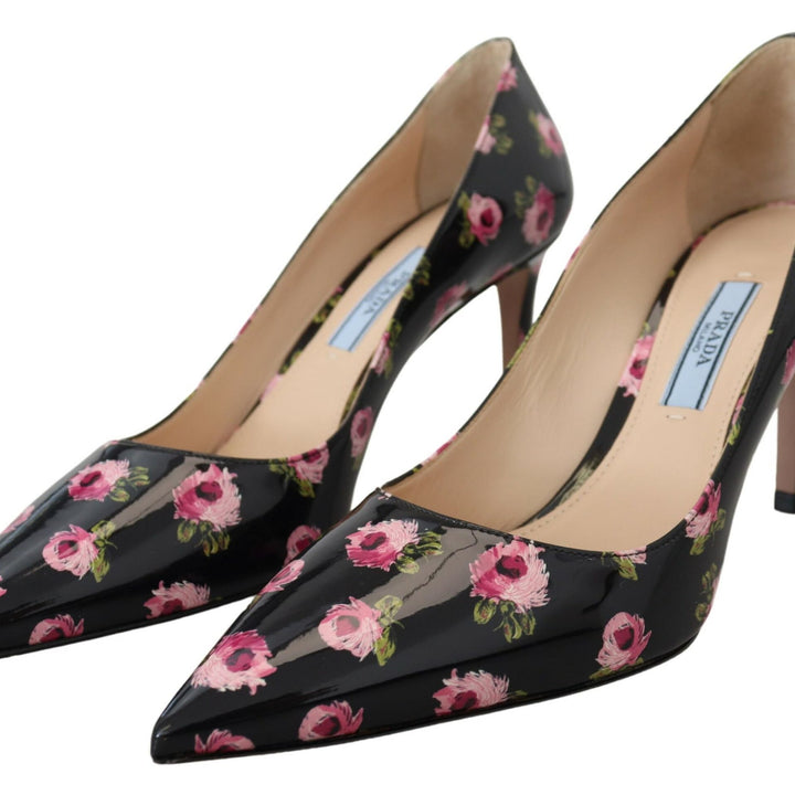 Prada Black Leather Floral Heels Stilettos Pumps