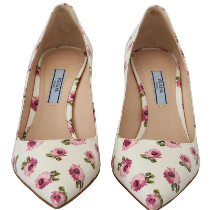 Prada White Leather Floral Heels Stilettos Pumps