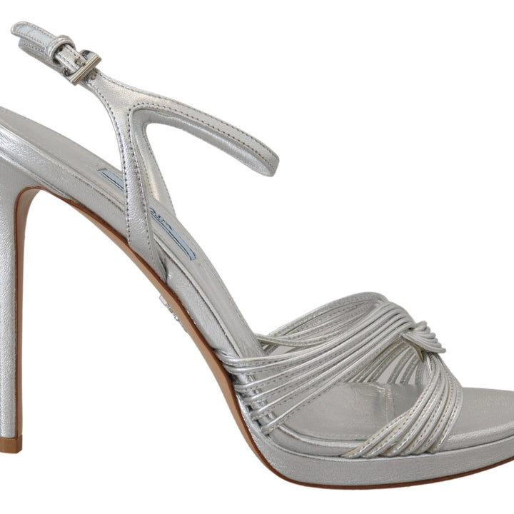 Prada Silver Leather Sandals Ankle Strap Heels Stiletto