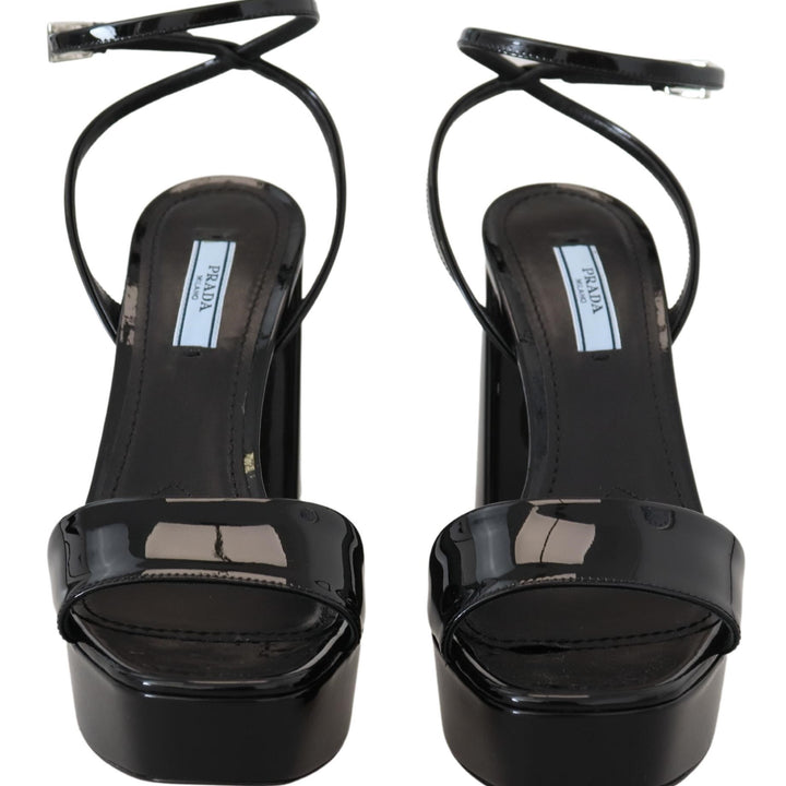 Prada Black Patent Sandals Ankle Strap Heels Leather