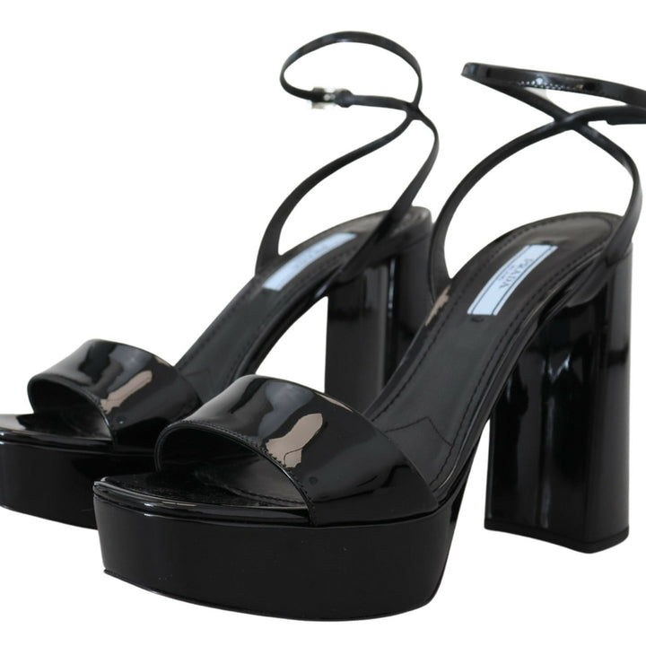 Prada Black Patent Sandals Ankle Strap Heels Leather