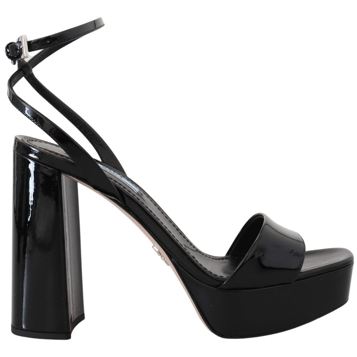 Prada Black Patent Sandals Ankle Strap Heels Leather