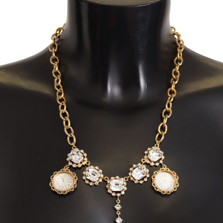 Dolce & Gabbana Crystal Clock Statement Gold Brass Chain Necklace