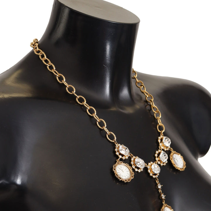 Dolce & Gabbana Crystal Clock Statement Gold Brass Chain Necklace