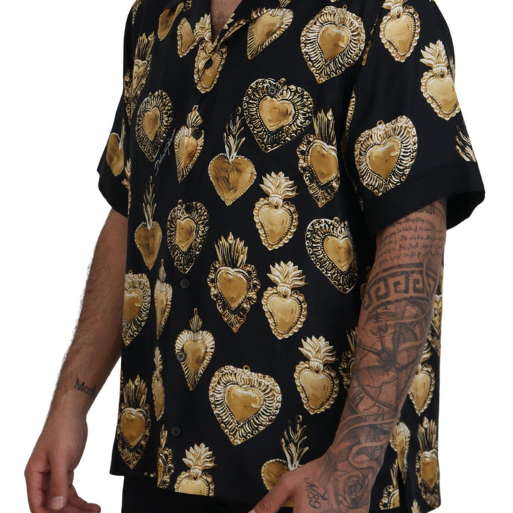 Dolce & Gabbana Black Gold Heart Short Sleeve Silk Satin Shirt