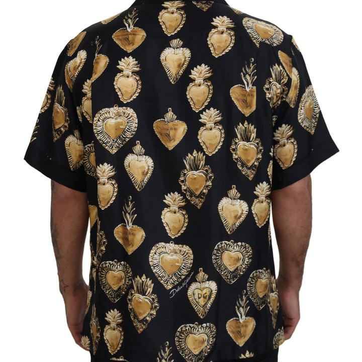 Dolce & Gabbana Black Gold Heart Short Sleeve Silk Satin Shirt