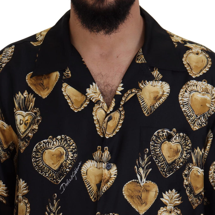 Dolce & Gabbana Black Gold Heart Short Sleeve Silk Satin Shirt