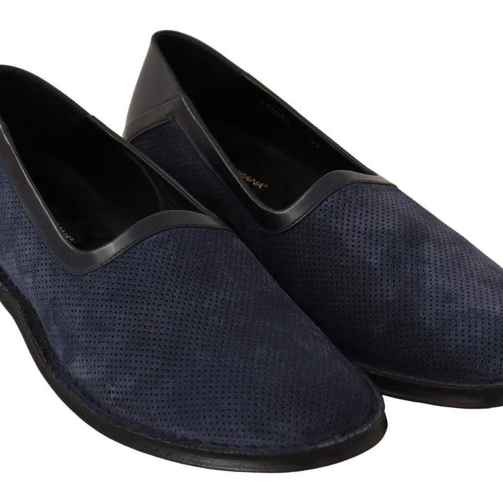 Dolce & Gabbana Blue Leather Perforated Slip On Loafers Shoes