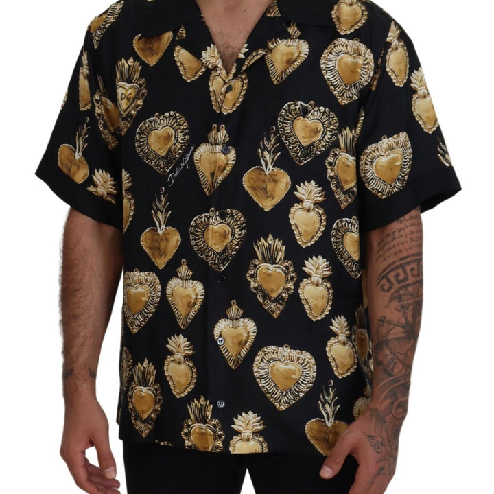 Dolce & Gabbana Black Gold Heart Short Sleeve Silk Satin Shirt