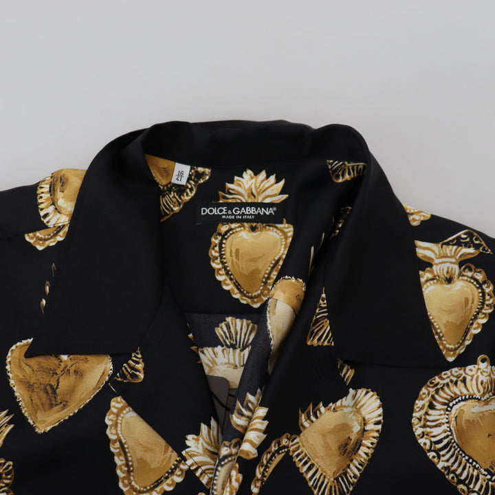 Dolce & Gabbana Black Gold Heart Short Sleeve Silk Satin Shirt