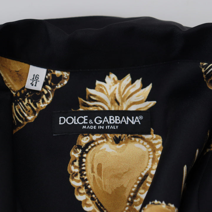 Dolce & Gabbana Black Gold Heart Short Sleeve Silk Satin Shirt