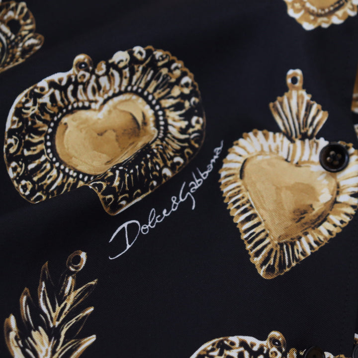 Dolce & Gabbana Black Gold Heart Short Sleeve Silk Satin Shirt