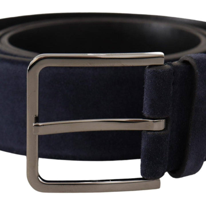 Dolce & Gabbana Navy Blue Velvet Leather Silver Logo Buckle Belt