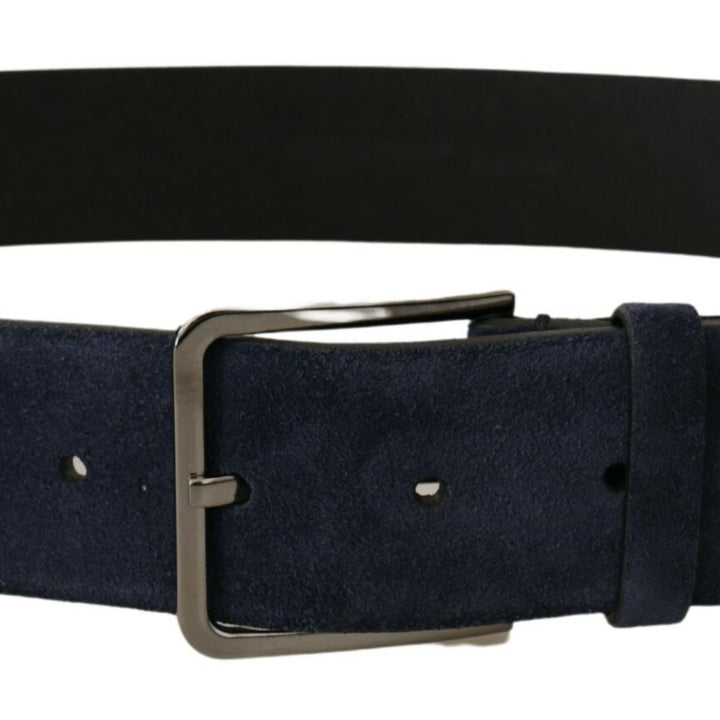 Dolce & Gabbana Navy Blue Velvet Leather Silver Logo Buckle Belt