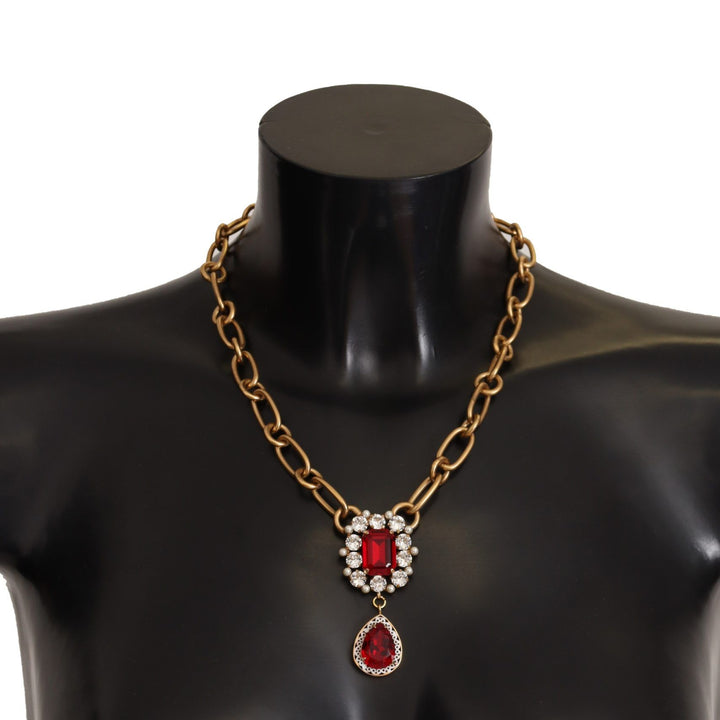 Dolce & Gabbana Gold Brass Chain Red Crystal Pendant Statement Necklace