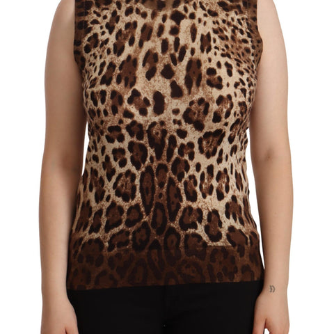 Dolce & Gabbana Brown Leopard Cashmere Silk Tank Blouse Top