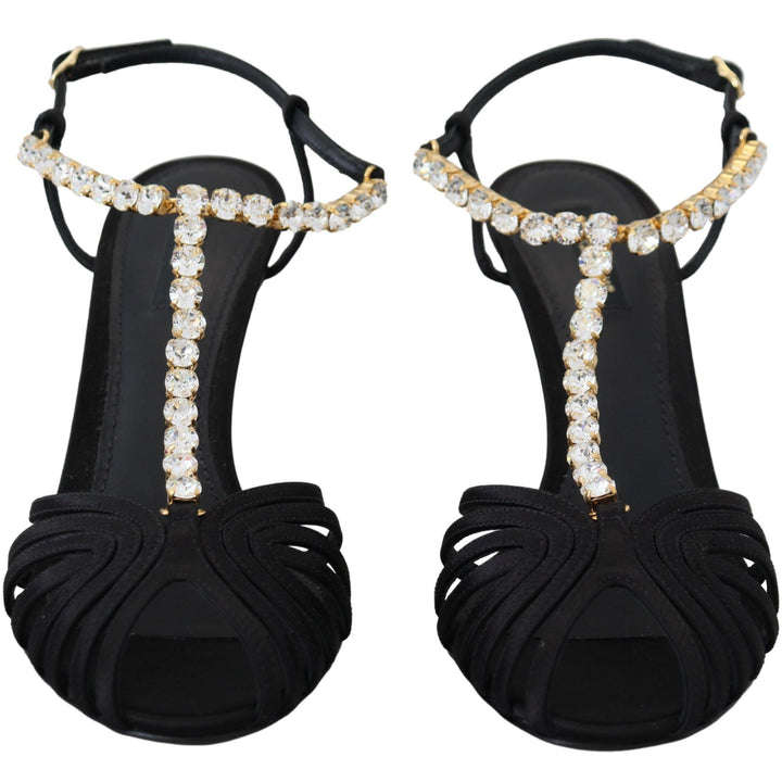 Dolce & Gabbana Black Satin Clear Crystal T-strap Sandal Shoes