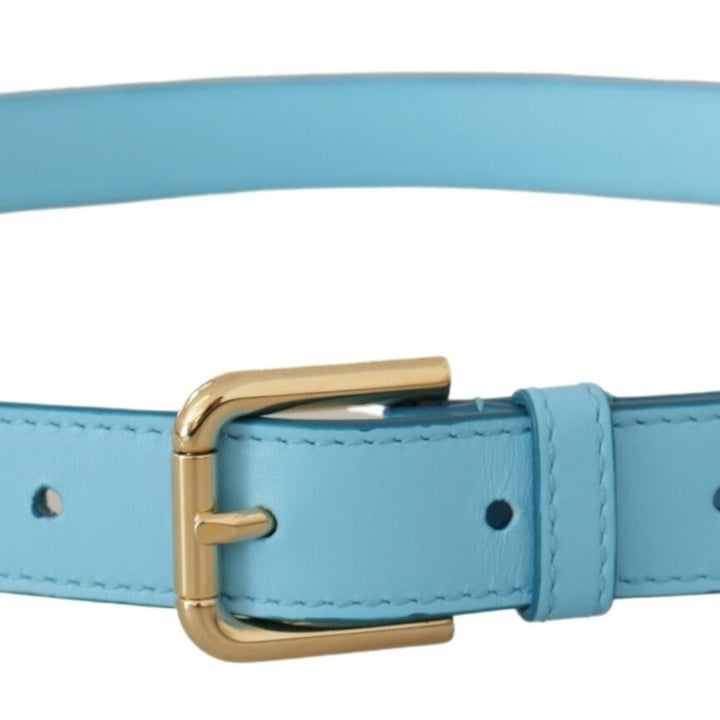 Dolce & Gabbana Sky Blue Leather Gold Tone Metal Logo Buckle Belt