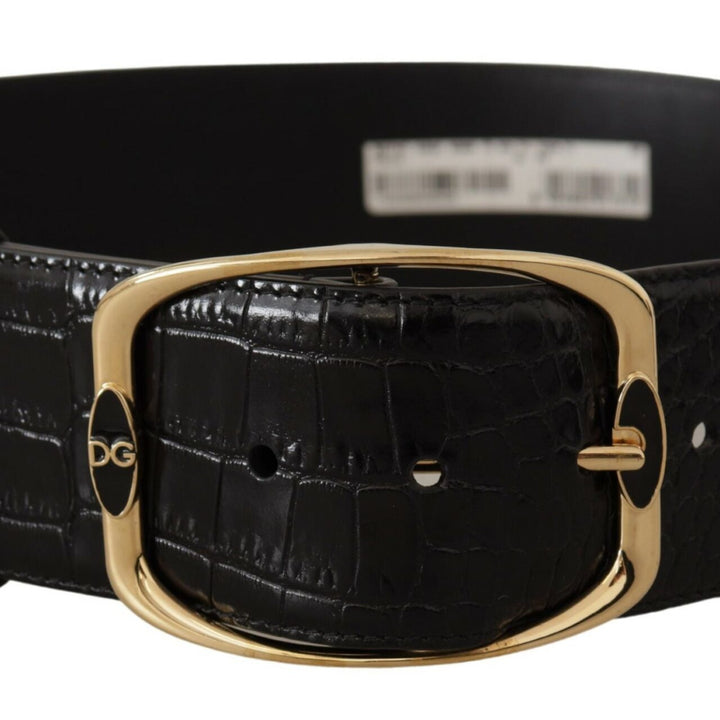 Dolce & Gabbana Black Crocodile Print Gold Metal DG Logo Buckle Belt