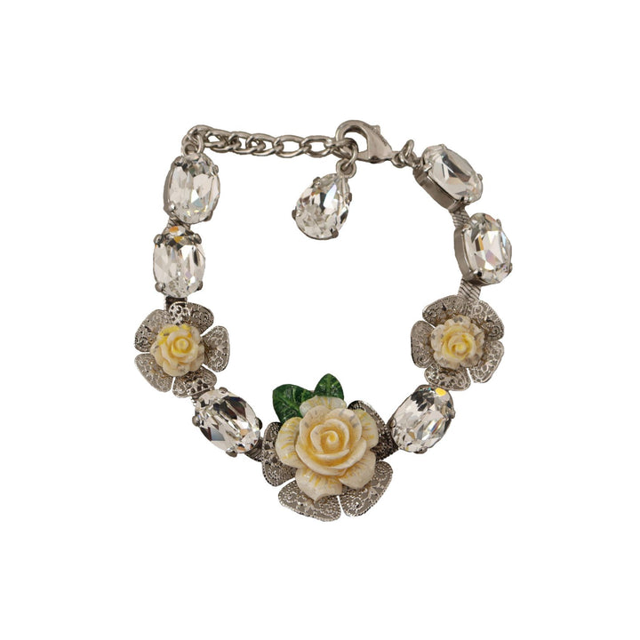 Dolce & Gabbana Silver Brass Chain Clear Crystal Floral Bracelet