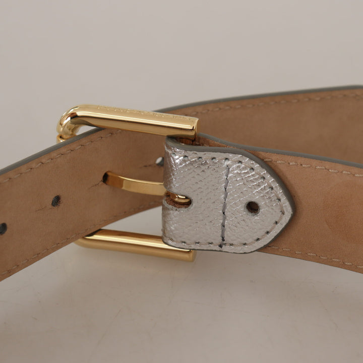 Dolce & Gabbana Silver Leather Gold Tone Logo Metal Waist Buckle Belt