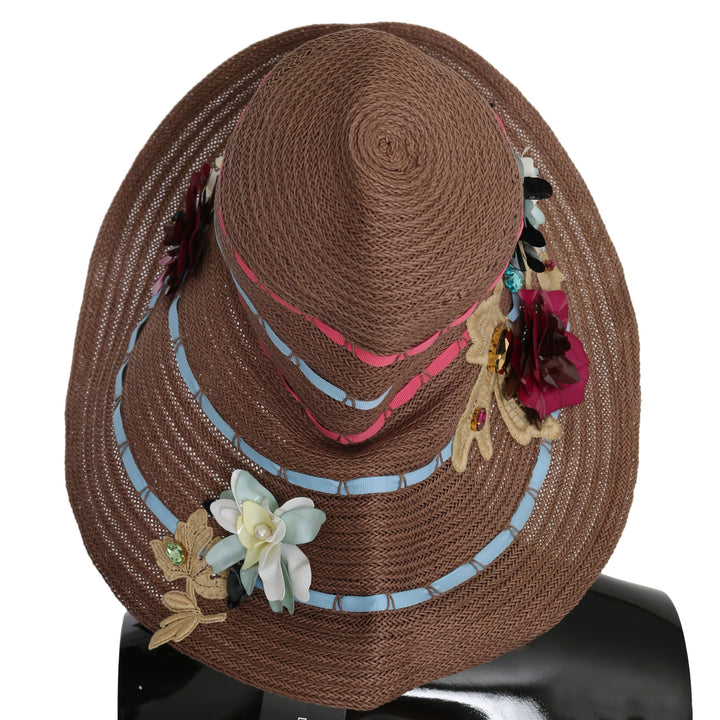 Dolce & Gabbana Brown Floral Wide Brim Straw Floppy Cap Hat